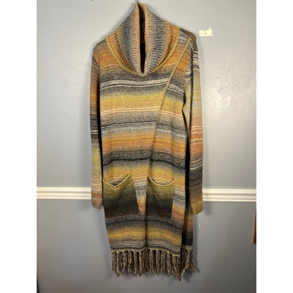 YEST Longline Cardigan Cowl Neck Fringe Boho Sweater Women 10 Multicolor Exc